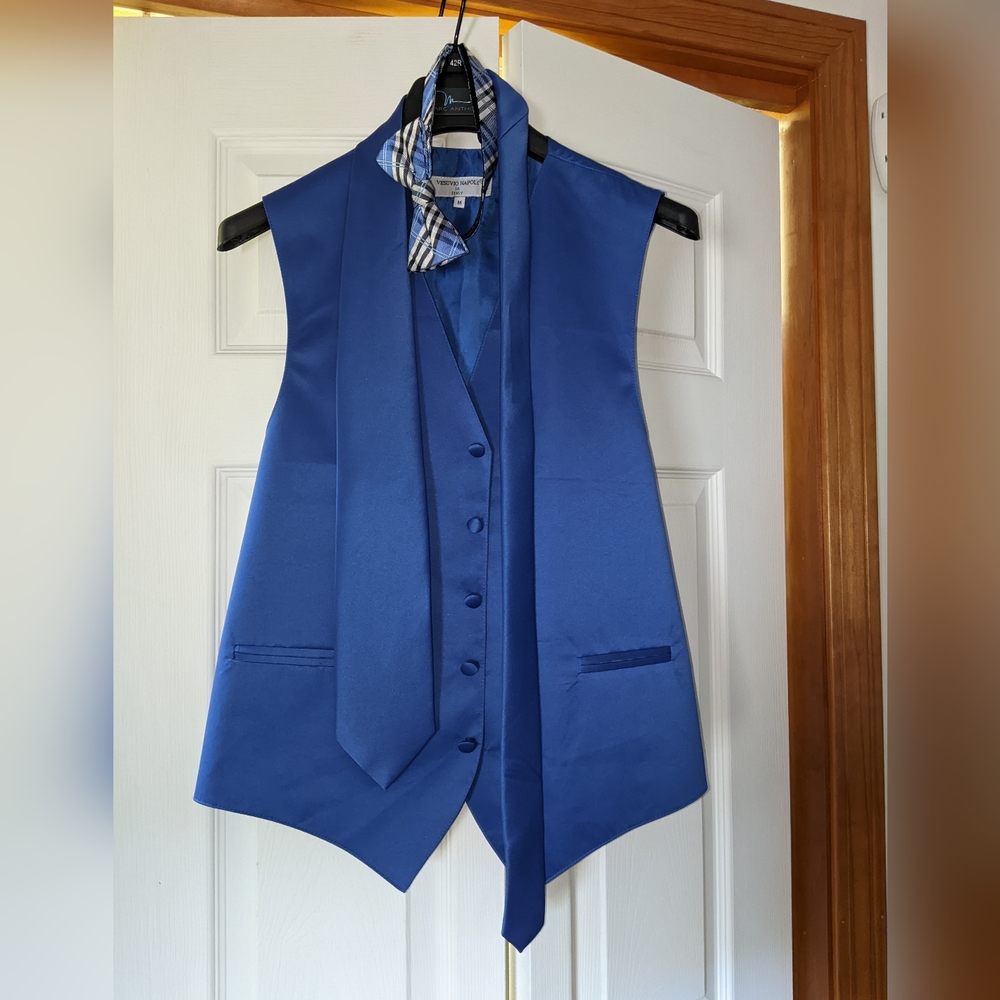 Men's medium royal blue vest, tie and plaid bowtie